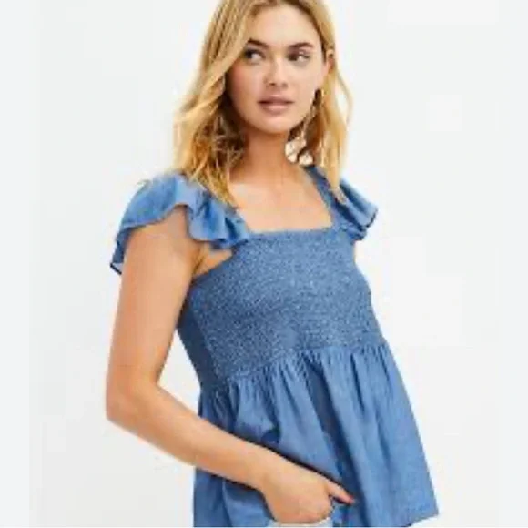 LOFT Smocked Chambray Ruffle Sleeve Top | Size Large - Picture 8 of 8